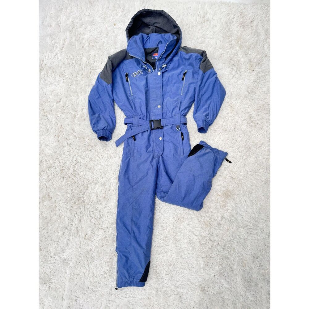 Vintage 80s Spirit Original One Piece Ski Suit 12 Blue Hooded Snowsuit M L
